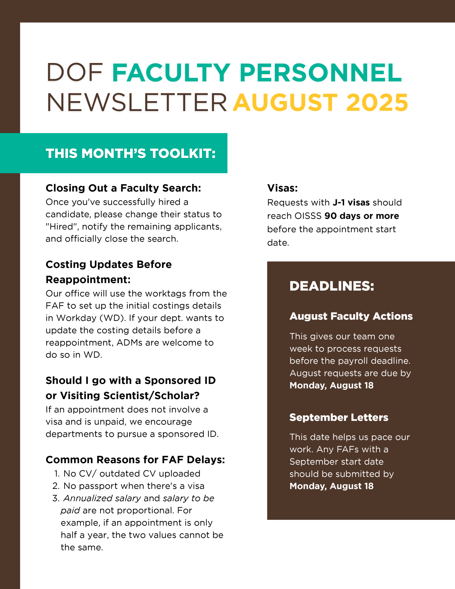 August faculty Personnel Newsletter